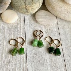 "Jade Earrings, Genuine Jade Earrings,Natural Jade Earrings,Raw Stone Earrings,Jade Dangle Earrings,Green Jade Earrings, Green Stone Earrings ★Metal- Brass Ear Wires ★Stone- Genuine Natural Jade- not treated in any way ★ 1.2 inches long ★We want you to love your new jewelry and gladly accept returns. ★Arrives ready for gifting (example in last photo) and usually ships same day or next day. Check shop announcement for occasional delays. If you have a preference between light, medium, and dark gre Jade Drop Earrings With Ear Wire, Jade Dangle Earrings For Pierced Ears, Handmade Jade Drop Earrings, Natural Stone Jade Dangle Earrings, Teardrop Jade Earrings With Natural Stones, Dawn Aesthetic, Turquoise Earrings Gold, Green Stone Earrings, Raw Stone Earring