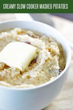 creamy slow cooker mashed potatoes in a white bowl