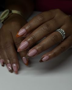 Fall nudes 🍁 #dovenailsbysharon Cute Clean Nail Designs, Fall Oval Nails Short, October Almond Nails Ideas, Short Almond Nails Designs Fall 2024, Red Almond Nails French Tip, Neutral Autumn Nails, Classy Fall Nails Short, Fall Acrylic Nails Almond, Fall Design Nails