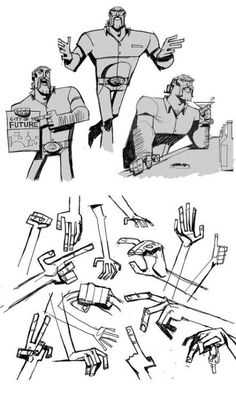 some sketches from the animated movie, including an image of two men with arms outstretched and hands