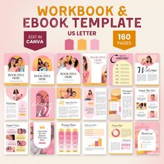 the workbook and e - book template is displayed on a pink background with yellow accents