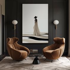 a living room with two chairs and a painting on the wall