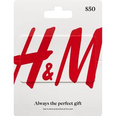 a white and red gift card with the words h & m on it's front