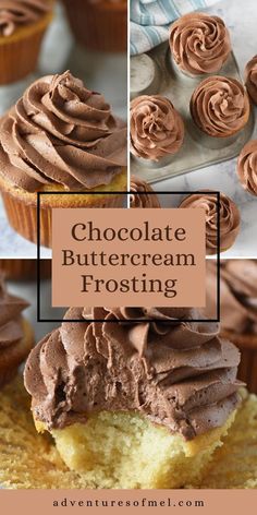 chocolate buttercream frosting on top of cupcakes with text overlay