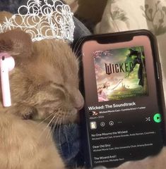 a cat laying on top of a bed next to a cell phone with a movie on it's screen