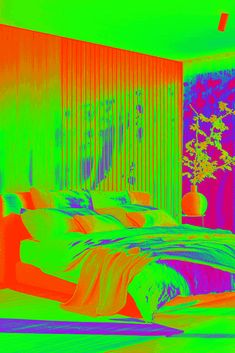 an image of a bedroom with neon colors on the walls and bed in the foreground