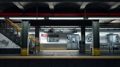 an empty subway station with stairs leading up to it