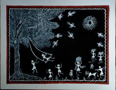 an image of children playing in the dark with birds flying around them and trees on either side