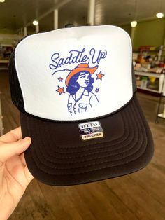 Saddle Up Cowgirl Trucker Hat *Black/White - Deer Creek Mercantile Retro Summer Trucker Hat For Rodeo, Adjustable 5-panel Trucker Hat For Rodeo, Retro White Hat For Rodeo, Western White Trucker Hat With Curved Brim, Western Style White Trucker Hat With Curved Brim, White Trucker Hats For Country Events, Retro Adjustable Baseball Cap For Rodeo, Adjustable Retro Baseball Cap For Rodeo, White Western Trucker Hat For Country Events