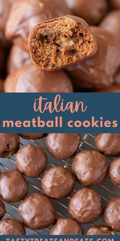 chocolate covered cookies on a cooling rack with text overlay that reads italian meatball cookies