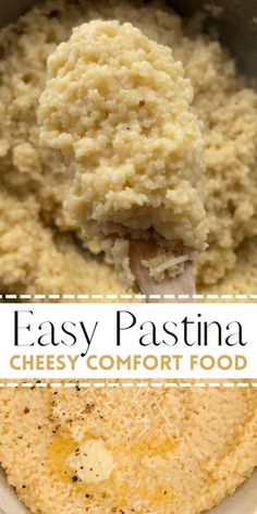 a close up of food in a bowl with the words easy pasta and cheesey comfort food