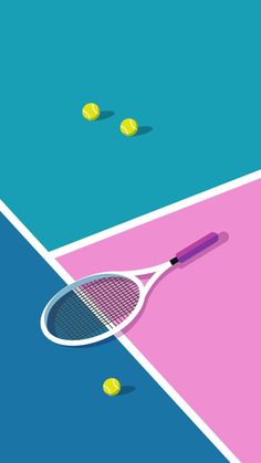 a tennis racket and two balls on a blue, pink, and purple court