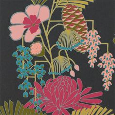 an image of flowers and leaves on a black background with pink, blue, yellow and green colors