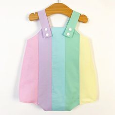 Pastel rainbow baby romper. Poppers for easy changing, relaxed fit, plenty of room for nappies (cloth or disposable). Fully lined with light soft cotton. Seamless insides making them comfortable against babies skin. Pastel rainbow design, repeated on the back. Carefully selected colours of luxury cotton. Adjustable length straps. Bright Jacket, Bow Back, Rainbow Design, Rainbow Baby, Baby Skin, Pastel Rainbow, Dungarees, Baby Romper, Red Dress