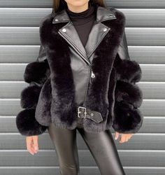 Description: Black faux fur leather jacket Soft velour liner The perfect fancy jacket for the wintertime Classy and fashionista Material & Care: Dry clean only Faux Fur Parka, Black Faux Fur Jacket, Heart Cardigan, Houndstooth Coat, Striped Sneakers, Fur Leather Jacket, Boy Outerwear, Houndstooth Jacket, Fur Parka