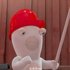 a cartoon character holding a baseball bat and wearing a red hat with his arm extended