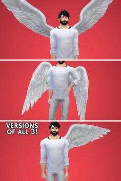 three different angles of an animated man with wings on his chest, and the words versions of all 3