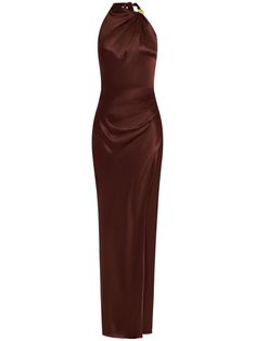 brown halterneck tie fastening concealed side zip fastening gold-tone bead detailing draped detailing pleat detailing cross over front slit full lining straight hem floor-length Rust Brown Bridesmaid Dress, Shades Of Brown Dresses, Sophisticated Bridesmaid Dresses, Brown Dresses Formal, Brown Bridesmaid Dresses, Dark Brown Dress, Brown Dresses, Brown Fits, Wardrobe Edit