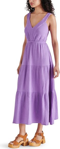 Steve Madden Amira Tiered Cotton Midi Dress | Nordstrom Pretty Midi Dresses, Designer Midi Dresses, Every Step You Take, Cotton Midi Dress, Tier Skirt, Fabric Gifts, Free Fabric, Tiered Skirt, Nordstrom Dresses