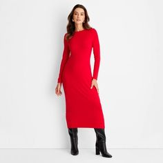 Women's Long Sleeve Ribbed Midi Bodycon Dress - A New Day™ Burgundy S Ribbed Dress Outfit, Pencil Dress Outfit, Red Dress Sleeves, Ribbed Bodycon Midi Dress, Red Sweater Dress, Target Dress, Midi Bodycon Dress, Sweater Maxi Dress, Red Bodycon Dress