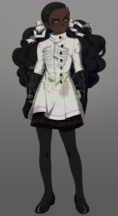 a drawing of a woman with long black hair wearing a white shirt and skirt, standing in front of a gray background