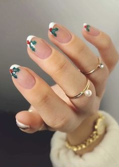 holly green and red french tip chic and simple christmas nail design for winter 2022 Berry Nails, Cute Simple Nails, Nails 2021