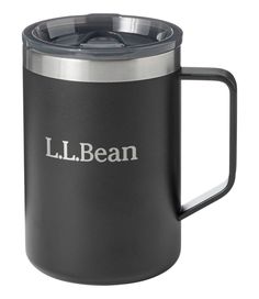 the l l bean coffee mug is black and has a stainless steel lid with white lettering on it