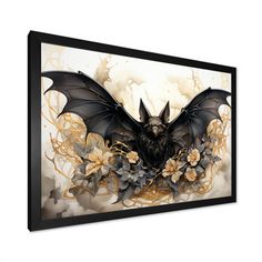 a bat with flowers on it's wings hanging on a wall above a mirror