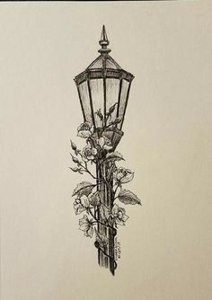 a drawing of a street light with flowers on it