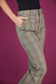 Vintage 1980s (originally men's) plaid trousers featuring a high-waisted fit with belt loops and a classic straight-leg silhouette. The earthy green and beige plaid pattern adds retro charm, reflecting the bold styles of the era. Sleek and slightly tapered, these trousers offer a polished yet casual look.  Fabric composition is not clearly indicated. Most likely it is a wool blend.  Size not indicated. About a male size 48 (S-M). I am 175cm (5.9ft) tall and usually wear a female size M.  Measure Plaid Trousers With Pockets, Fitted High-waisted Plaid Pants, Fitted Vintage Plaid Bottoms, Plaid Cotton High-waisted Pants, Plaid Ankle-length Pants With Pockets, Plaid Trousers, Beige Plaid, Earthy Green, Womens Trousers