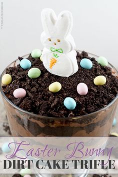 easter bunny dirt cake trifle in a glass bowl