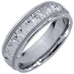 men's wedding band in white gold with engraved design on the inside and sides