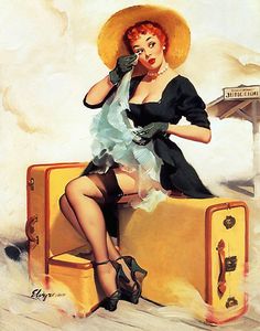 a woman sitting on top of a suitcase wearing a hat and dress with her legs crossed