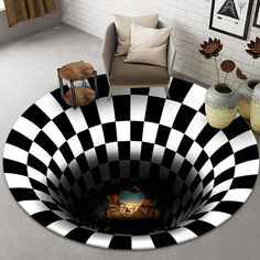 a living room with a black and white checkered floor