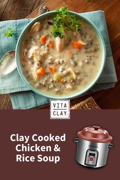 a bowl of chicken and rice soup next to a crock pot on a wooden table