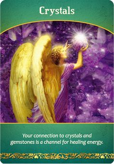 a card with an angel holding a crystal ball in it's hand and the words crystals