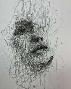 a drawing of a woman's face with many lines on the head and shoulders