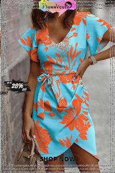 Caramel Colour Casual Print Bandage Patchwork V Neck Irregular Dress Dresses Straight Clothes, Dress Sleeve Styles, Caramel Color, Printed Dress, Waist Dress, Flared Sleeves, Women's Fashion Dresses, Army Green, Dresses For Sale