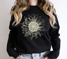 Sunflower Sweatshirt Sunflower Graphic Tee Boho Flower - Etsy Cotton Crew Neck Top With Sunflower Design, Cotton Top With Sunflower Design And Crew Neck, Fall Crew Neck Top With Sunflower Print, Relaxed Fit Crew Neck Top With Sunflower Design, Relaxed Fit Sunflower Crew Neck Top, Celestial Sun And Moon, Moon Sweatshirt, Sunflower Graphic, Cute Sunflower