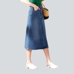 Discover the perfect combination of nostalgia and modernity with our 2023 Spring-Summer Collection's Unbalanced Seam Mid-calf Denim Skirt – 90s style!Why You'll Fall In LoveThis denim skirt is perfect for a fashionista who loves to embrace the past in a fashion way. Its stonewashed tall-waisted design pairs perfectly with its asymmetrical seam for an effortless chic look. Be sure to turn heads in any setting with the unique combination of stretchy denim, zipper & button closure, and intriguing 2 Denim Skirts Online, Midi Denim Skirt, Womens Denim Skirts, Midi Denim, Denim Midi Skirt, 90s Style, Effortless Chic, Colored Denim, Spandex Fabric