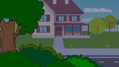 a cartoon house with trees and bushes in front of it, on a sunny day