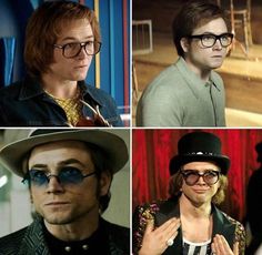 four different pictures of men with hats and glasses, one wearing a fedora the other in a top hat