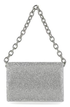 Rhinestone crystals lend shimmer and shine to a slim mesh clutch bag with two polished chain straps to choose from. 7.5"W x 5.25"H x 2"D Magnetic flap closure Lined Textile Imported Crystal Clutch, Shimmer And Shine, Shimmer N Shine, Jessica Mcclintock, Flip Flop Slippers, Clutch Pouch, Kids Boots, Chain Strap