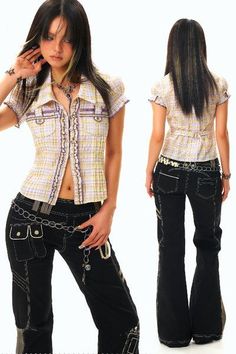 British Punk Fashion Women, Unique Y2k Outfits, How To Tailor Clothes, Cropped Dress Shirt Outfit, Y2k 70s Style, Crop Top With Shirt Underneath, Fitted Blouse Outfit, Japanese Fashion Brands, Rock Stage Outfit