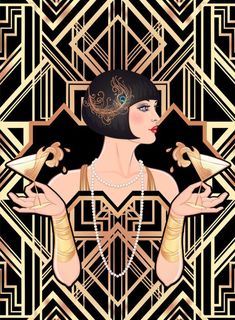 an art deco style woman in gold and black with pearls on her head, holding two birds