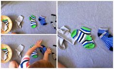 several pictures of baby's feet and socks laying on the floor