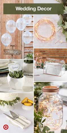 a collage of photos with flowers, candles and wedding decor on it's side