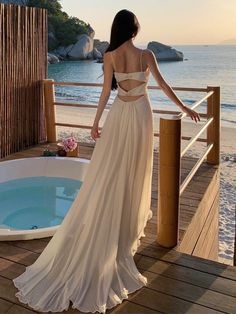 Olivia Mark - White Beach Maxi Dress with Open Back and Flowy Chiffon Train - Perfect for Coastal Vacations and Travel Photoshoots Summer Fairy, Strap Dresses, Dress With Open Back, Kawaii Dress, Autumn 2023, White Beach, Beach Maxi Dress, Maxi Robes, French Women