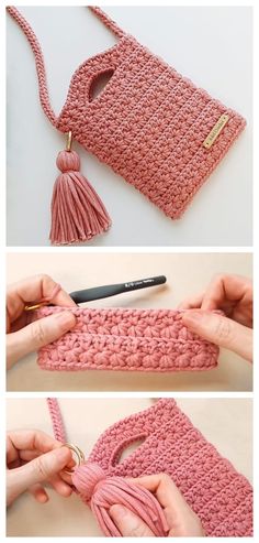 the crocheted purse is being worked on by someone using yarn to make it