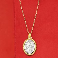 Ross-Simons - Italian Gold Miraculous Medal Adjustable Pendant Necklace. Receive wonderful graces when you don this special pendant necklace. Here, the famous Miraculous Medal shines in textured and polished 14kt white gold and is highlighted by a beaded frame of 14kt yellow gold. Suspends from an adjustable Singapore chain that can be worn anywhere from choker length to 22". Made in Italy. Lobster clasp, 14kt two-tone gold Miraculous Medal pendant necklace. White Gold Oval Coin Pendant Necklace, Miraculous Medal Pendant Necklace For Anniversary, White Gold Oval Necklaces With Coin Pendant, Anniversary Pendant Necklace With Miraculous Medal, Miraculous Medal Necklace With Round Pendant For Anniversary, White Gold Necklace With Miraculous Medal For Gift, White Gold Necklace With Miraculous Medal As Gift, Anniversary Necklace With Miraculous Medal Pendant, Anniversary Necklace With Miraculous Medal